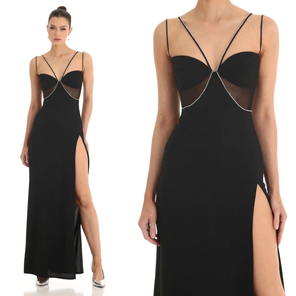 Lucy in the Sky Dorian Rhinestone Crepe Cutout Maxi Dress in Black